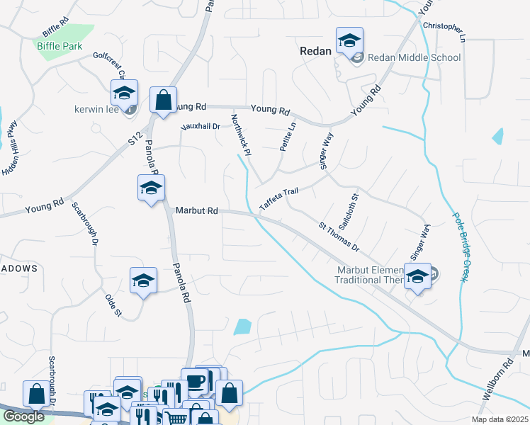 map of restaurants, bars, coffee shops, grocery stores, and more near 1984 Taffeta Trail in Lithonia