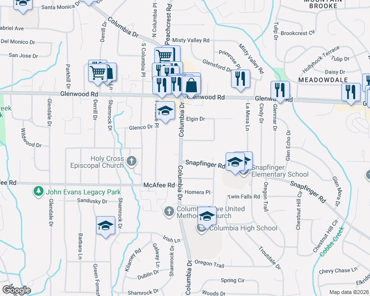 map of restaurants, bars, coffee shops, grocery stores, and more near in Candler-McAfee