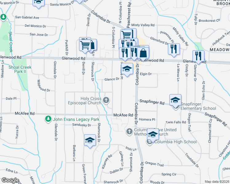 map of restaurants, bars, coffee shops, grocery stores, and more near 1948 South Columbia Place in Decatur
