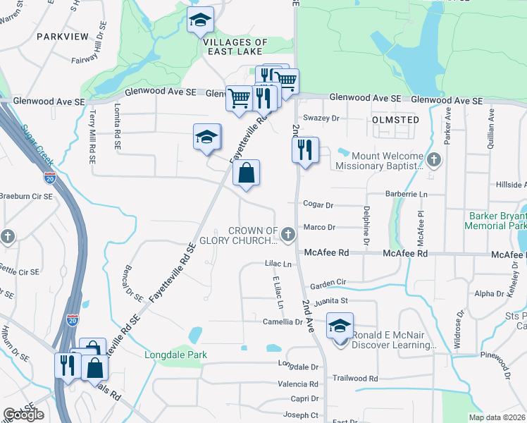 map of restaurants, bars, coffee shops, grocery stores, and more near 1906 Grandview Circle Southeast in Atlanta