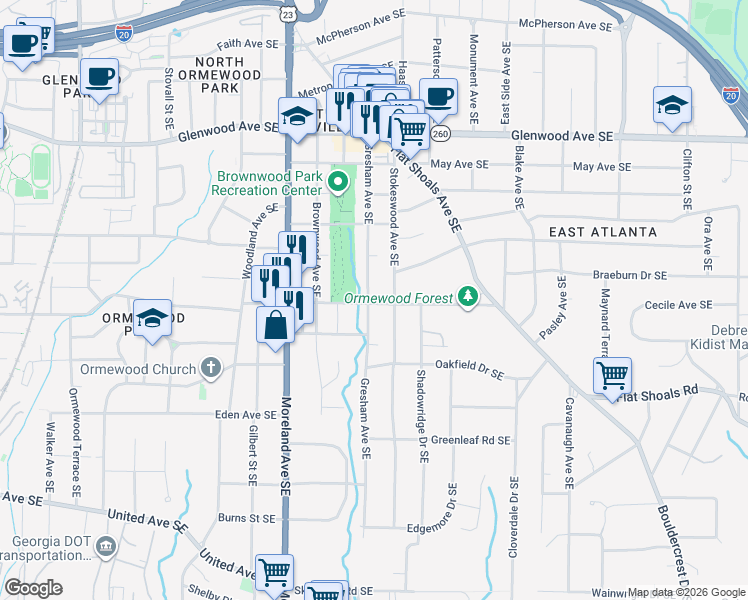 map of restaurants, bars, coffee shops, grocery stores, and more near 730 Gresham Avenue Southeast in Atlanta