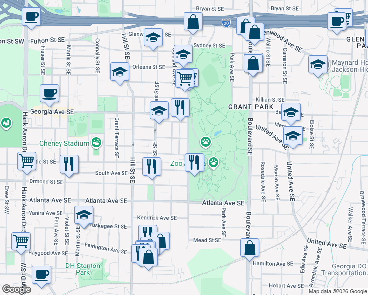map of restaurants, bars, coffee shops, grocery stores, and more near 745 Cherokee Avenue Southeast in Atlanta