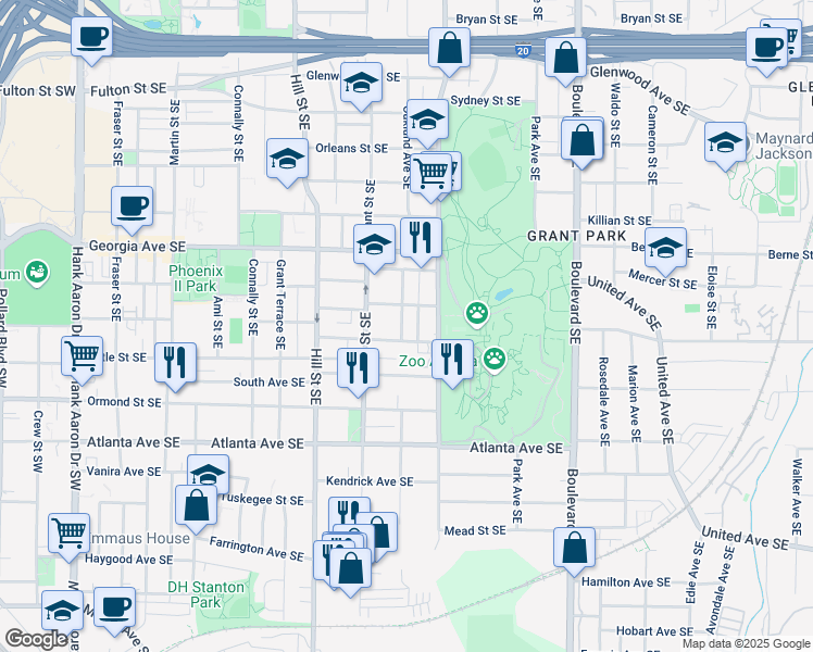 map of restaurants, bars, coffee shops, grocery stores, and more near 744 Oakland Avenue Southeast in Atlanta