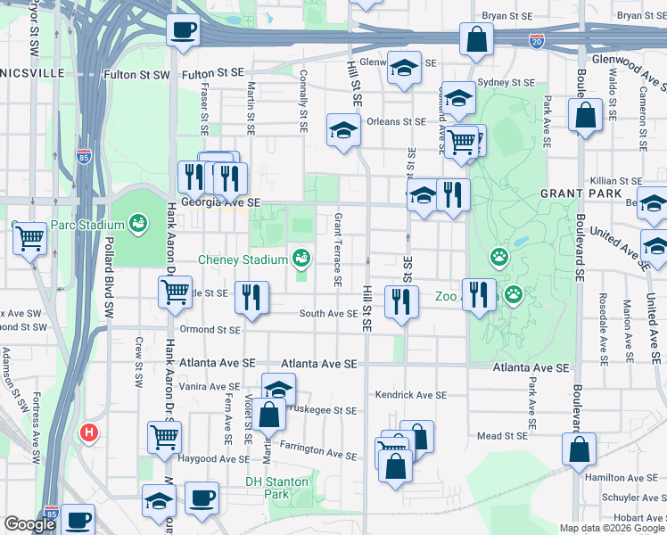 map of restaurants, bars, coffee shops, grocery stores, and more near 771 Woodson Street Southeast in Atlanta