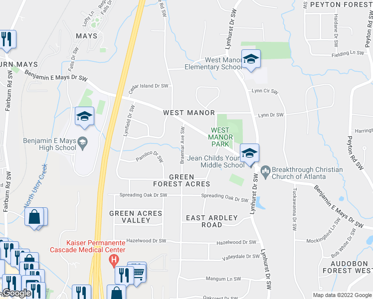 map of restaurants, bars, coffee shops, grocery stores, and more near 812 Braemar Avenue Southwest in Atlanta