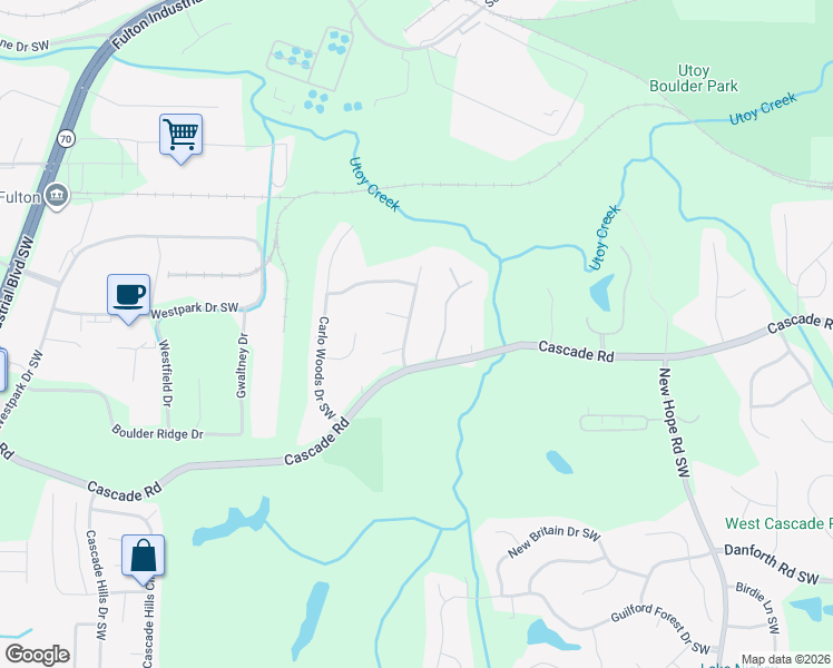 map of restaurants, bars, coffee shops, grocery stores, and more near 100 Milano Drive Southwest in Atlanta
