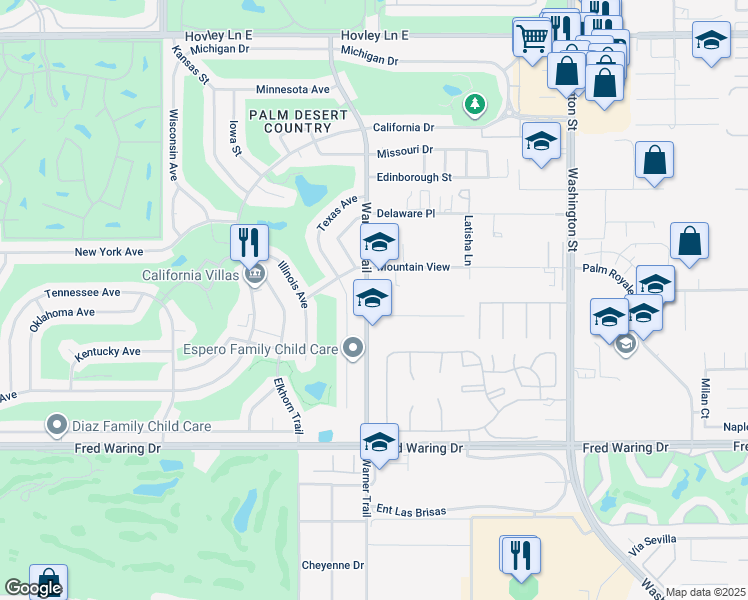 map of restaurants, bars, coffee shops, grocery stores, and more near 43300 Warner Trail in Palm Desert
