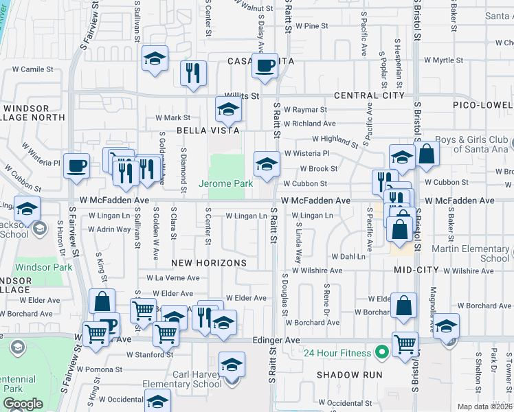map of restaurants, bars, coffee shops, grocery stores, and more near 2004 West McFadden Avenue in Santa Ana