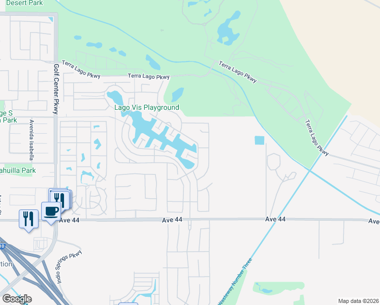 map of restaurants, bars, coffee shops, grocery stores, and more near 43501 Regata Court in Indio