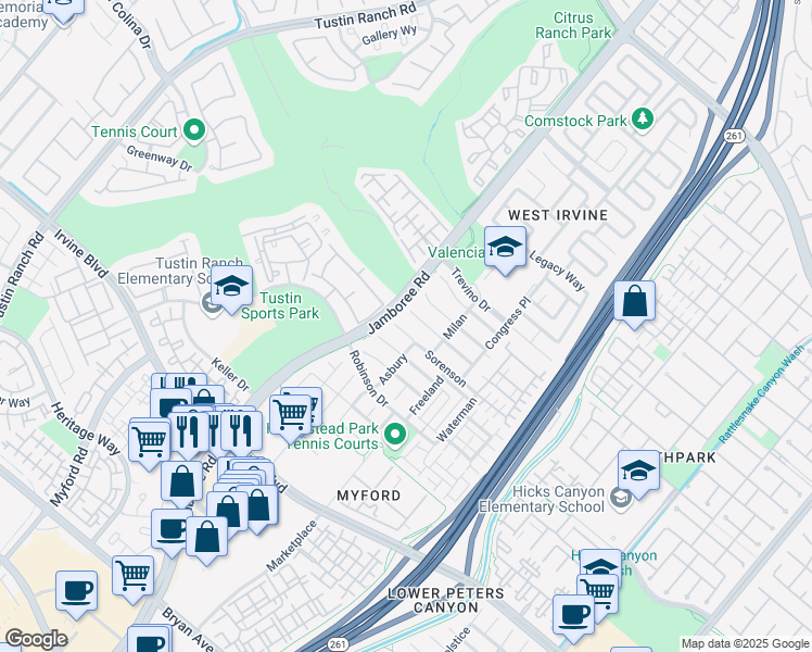 map of restaurants, bars, coffee shops, grocery stores, and more near 7 Sorenson in Irvine