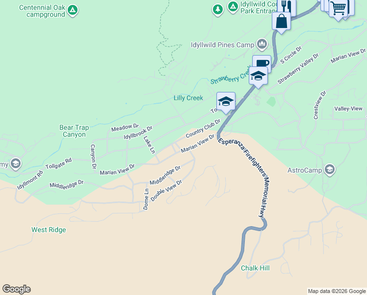 map of restaurants, bars, coffee shops, grocery stores, and more near 53570 Marian View Drive in Idyllwild-Pine Cove