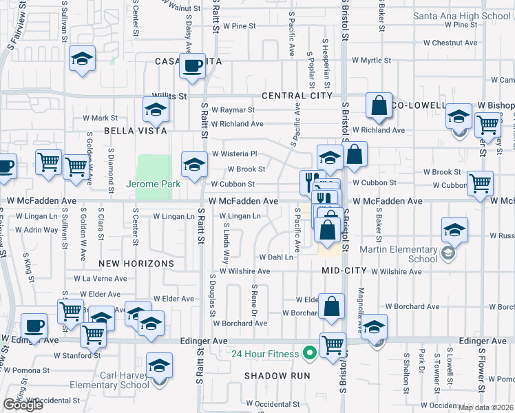 map of restaurants, bars, coffee shops, grocery stores, and more near 1626 West McFadden Avenue in Santa Ana