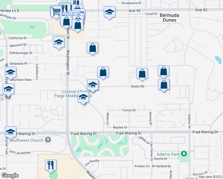 map of restaurants, bars, coffee shops, grocery stores, and more near 78341 Darby Road in Bermuda Dunes