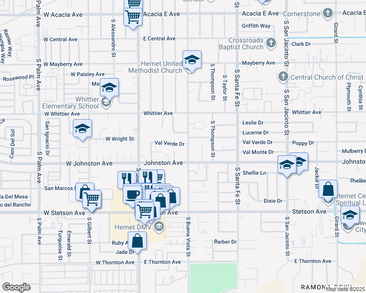 map of restaurants, bars, coffee shops, grocery stores, and more near 461 Val Verde Drive in Hemet