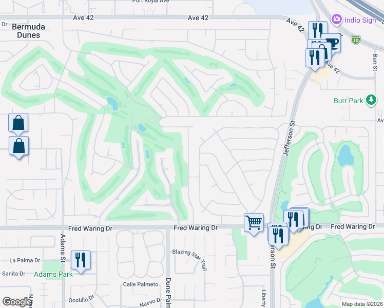 map of restaurants, bars, coffee shops, grocery stores, and more near 43400 Port Maria Road in Bermuda Dunes