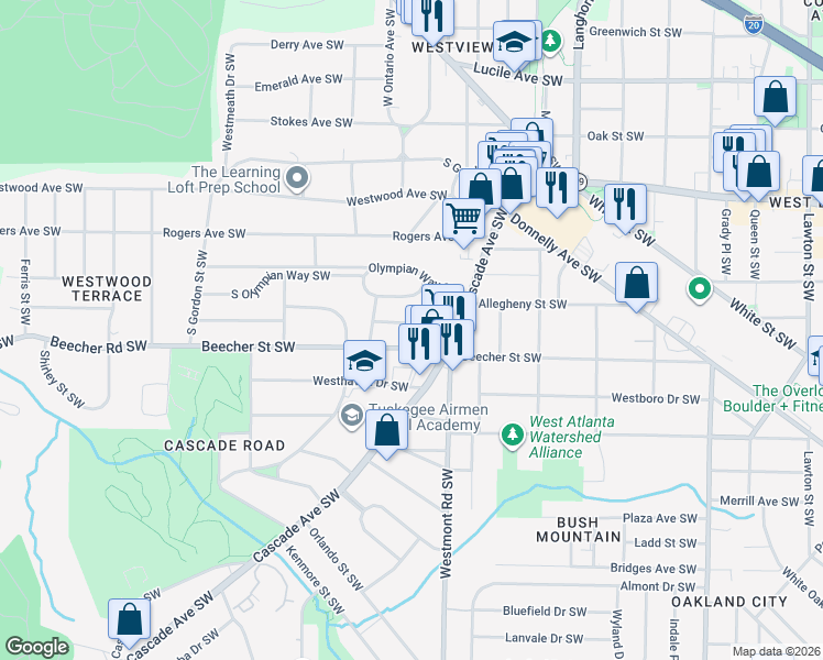 map of restaurants, bars, coffee shops, grocery stores, and more near 1584 Beecher Street Southwest in Atlanta