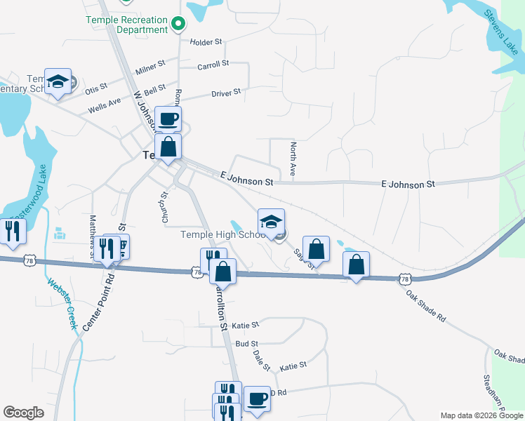 map of restaurants, bars, coffee shops, grocery stores, and more near 508 Sage Street in Temple
