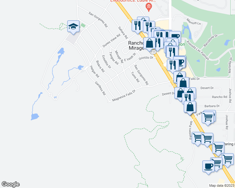 map of restaurants, bars, coffee shops, grocery stores, and more near 71571 Biskra Road in Rancho Mirage