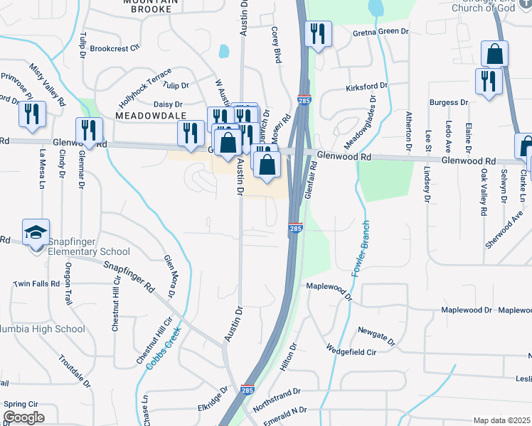 map of restaurants, bars, coffee shops, grocery stores, and more near 3864 Austin Circle in Decatur