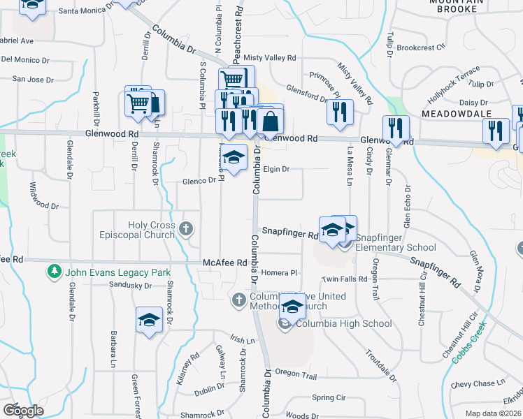 map of restaurants, bars, coffee shops, grocery stores, and more near in Candler-McAfee
