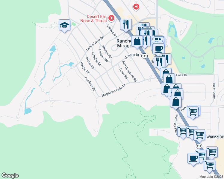 map of restaurants, bars, coffee shops, grocery stores, and more near 71624 Biskra Road in Rancho Mirage