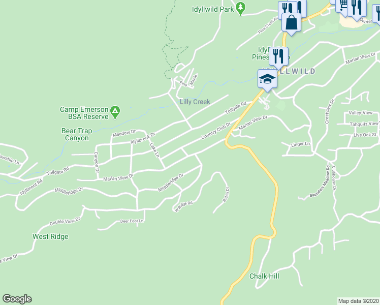 map of restaurants, bars, coffee shops, grocery stores, and more near 53570 Marian View Drive in Idyllwild-Pine Cove