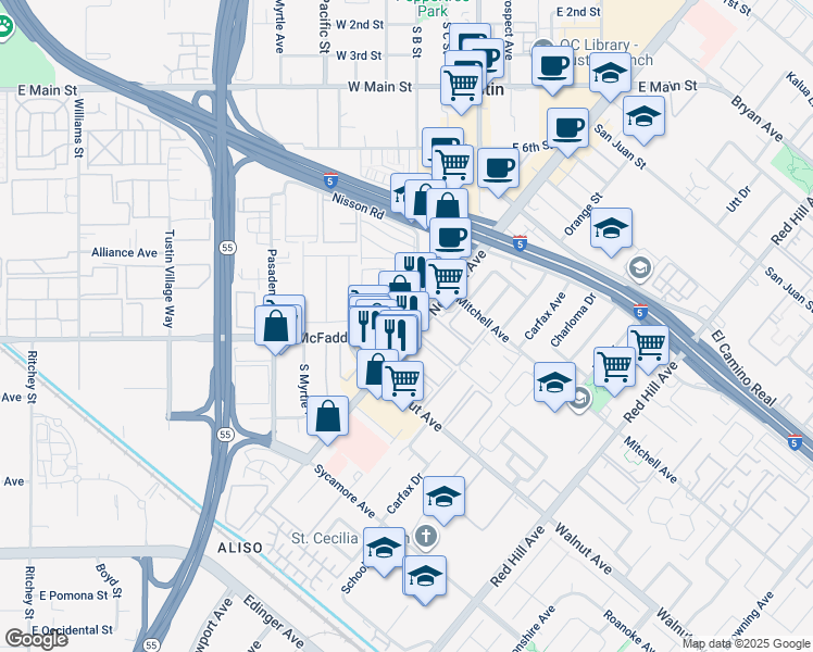 map of restaurants, bars, coffee shops, grocery stores, and more near 14225 Newport Avenue in Tustin