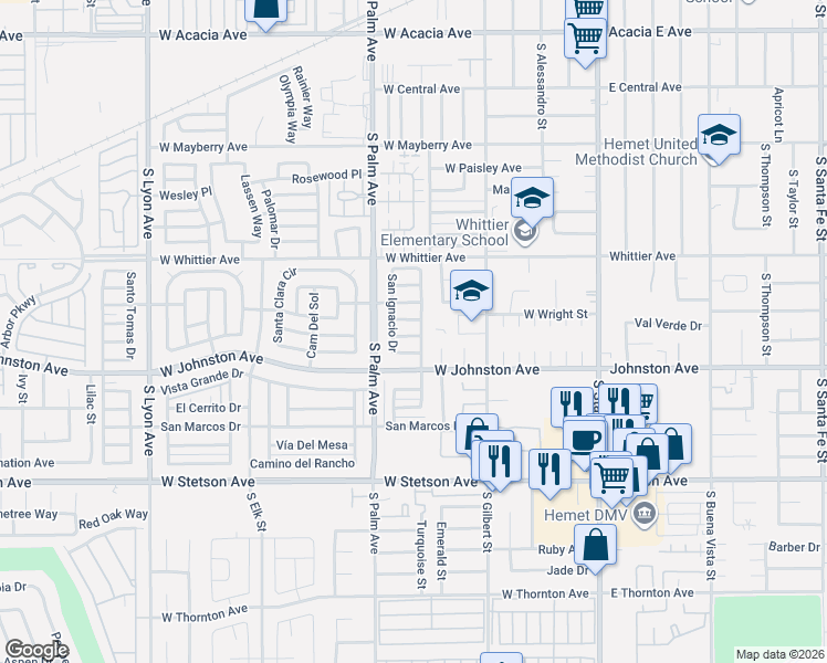 map of restaurants, bars, coffee shops, grocery stores, and more near 810 San Ramon Drive in Hemet