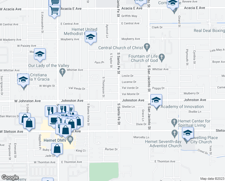 map of restaurants, bars, coffee shops, grocery stores, and more near 810 Pat Place in Hemet