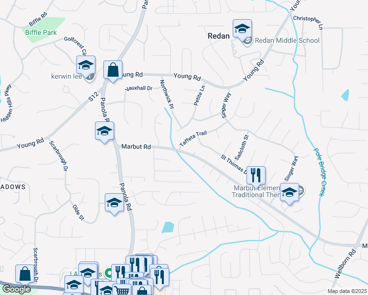map of restaurants, bars, coffee shops, grocery stores, and more near 1984 Taffeta Trail in Lithonia