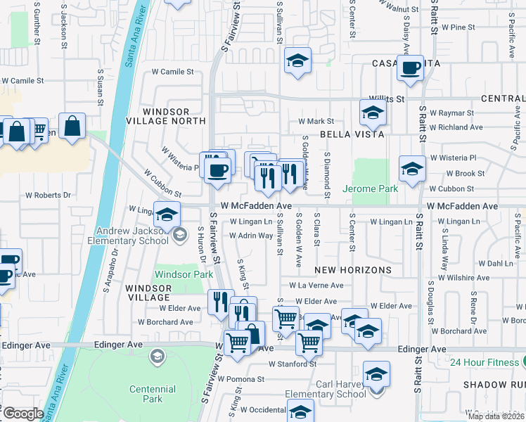 map of restaurants, bars, coffee shops, grocery stores, and more near 2526 West McFadden Avenue in Santa Ana
