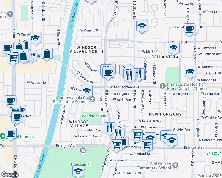 map of restaurants, bars, coffee shops, grocery stores, and more near 2718 West McFadden Avenue in Santa Ana