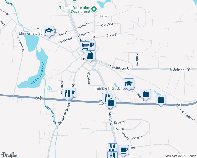 map of restaurants, bars, coffee shops, grocery stores, and more near 20 Baskin Drive in Temple