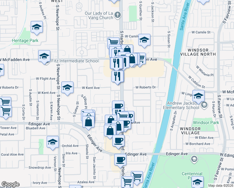 map of restaurants, bars, coffee shops, grocery stores, and more near 3810 West Kent Avenue in Santa Ana