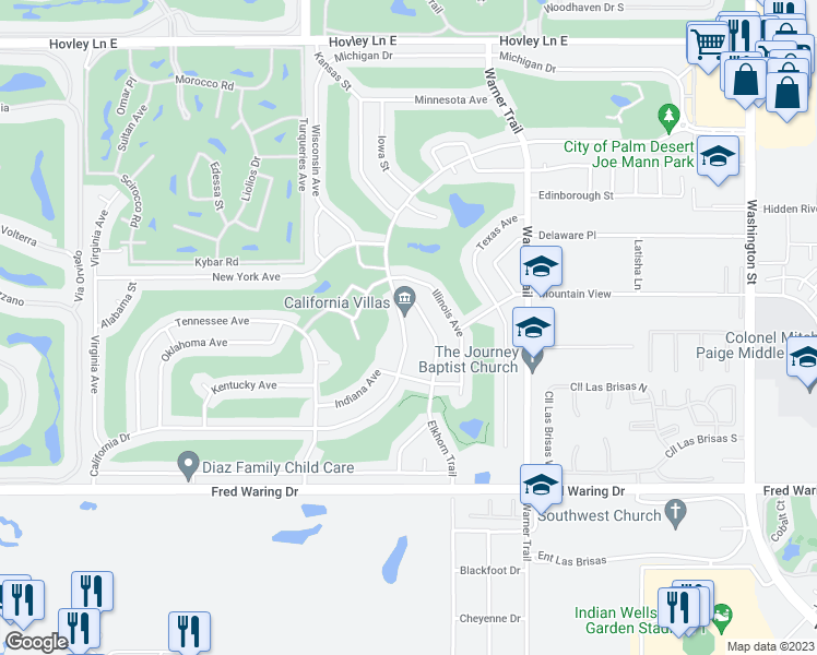 map of restaurants, bars, coffee shops, grocery stores, and more near 85 California Drive in Palm Desert