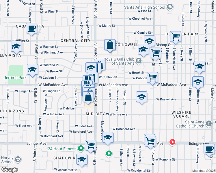 map of restaurants, bars, coffee shops, grocery stores, and more near 1206 West McFadden Avenue in Santa Ana