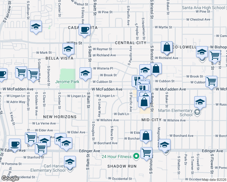 map of restaurants, bars, coffee shops, grocery stores, and more near 1626 West McFadden Avenue in Santa Ana