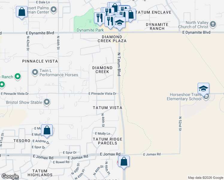 map of restaurants, bars, coffee shops, grocery stores, and more near 4604 East Bent Tree Drive in Cave Creek