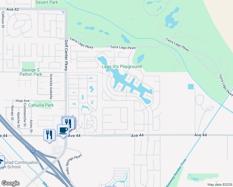 map of restaurants, bars, coffee shops, grocery stores, and more near 43254 Passagio Lago Way in Indio