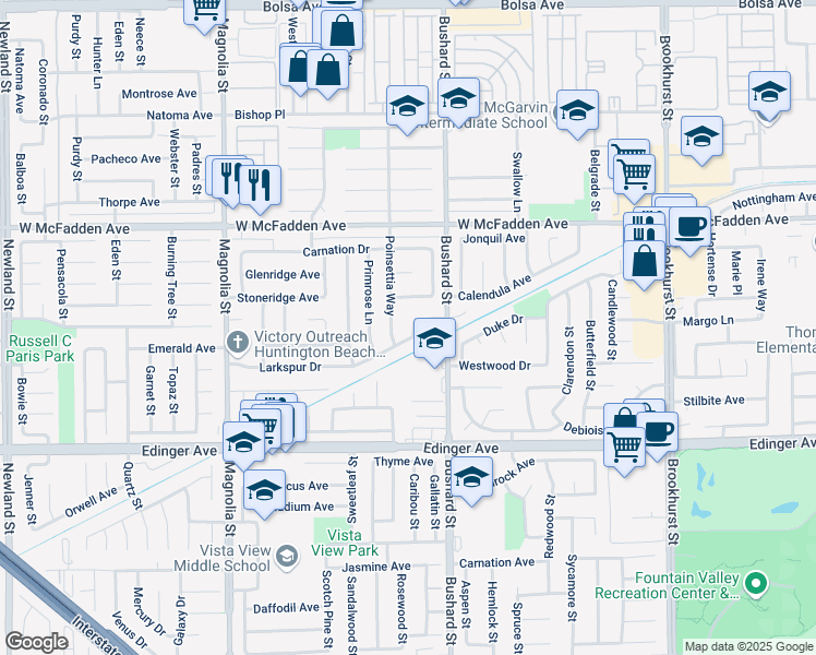 map of restaurants, bars, coffee shops, grocery stores, and more near 9450 Lotus Drive in Westminster