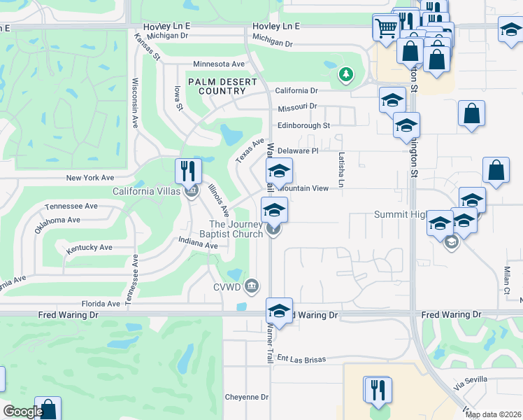 map of restaurants, bars, coffee shops, grocery stores, and more near 43260 Texas Avenue in Palm Desert