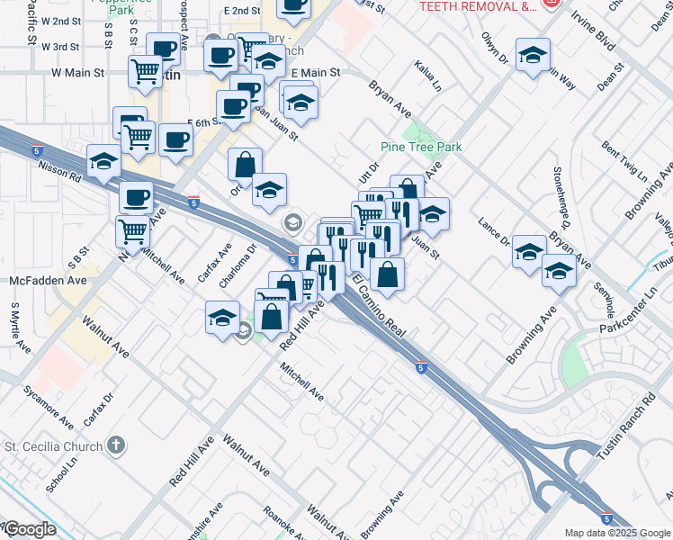map of restaurants, bars, coffee shops, grocery stores, and more near 13871 Red Hill Avenue in Tustin