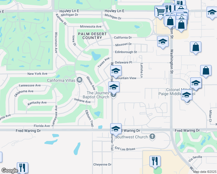 map of restaurants, bars, coffee shops, grocery stores, and more near 43260 Texas Avenue in Palm Desert
