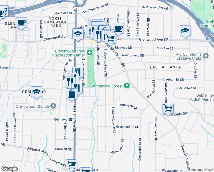map of restaurants, bars, coffee shops, grocery stores, and more near 1318 Ormewood Avenue Southeast in Atlanta