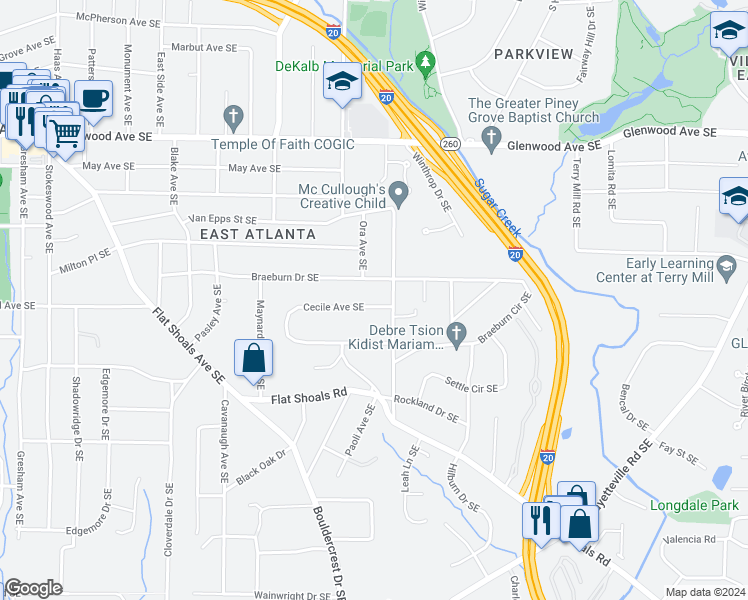 map of restaurants, bars, coffee shops, grocery stores, and more near 1738 Cecile Avenue Southeast in Atlanta