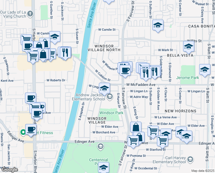 map of restaurants, bars, coffee shops, grocery stores, and more near 2924 West McFadden Avenue in Santa Ana