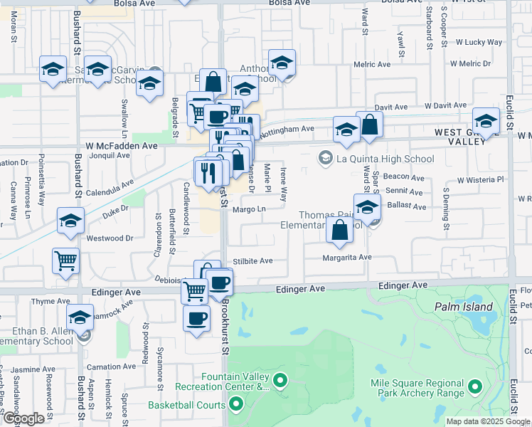 map of restaurants, bars, coffee shops, grocery stores, and more near 10110 Margo Lane in Westminster