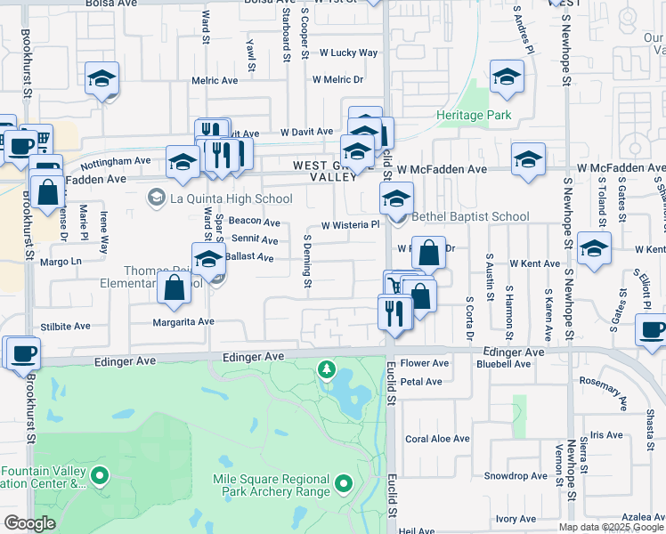 map of restaurants, bars, coffee shops, grocery stores, and more near 5402 West Ballast Avenue in Santa Ana