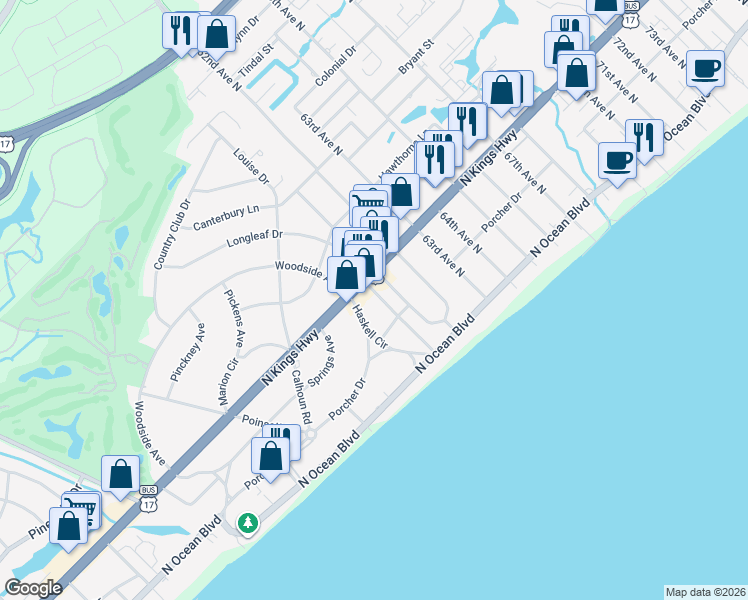 map of restaurants, bars, coffee shops, grocery stores, and more near 6000 North Kings Highway in Myrtle Beach