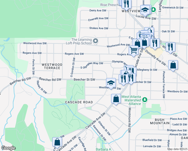 map of restaurants, bars, coffee shops, grocery stores, and more near 770 Waters Drive Southwest in Atlanta